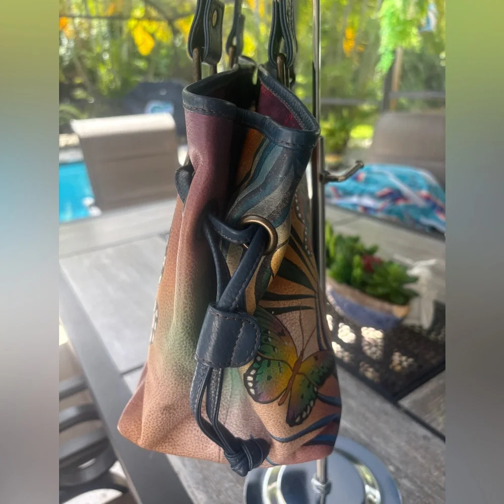 EUC, Anuschka Peacock Butterfly Multicolor Hand-Painted Shoulder Bag - Picture 7 of 15
